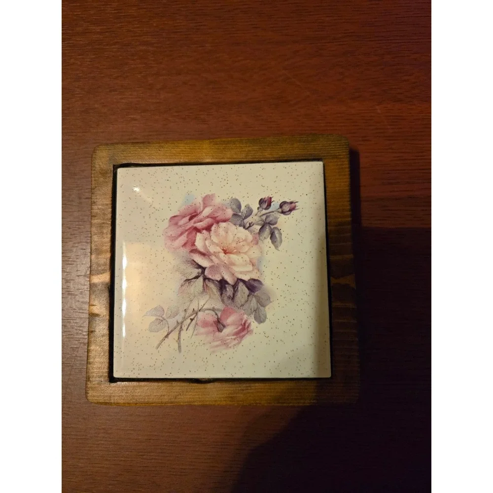 Vintage Floral Ceramic Tile Wood Framed Coasters Set of 2 Pink Roses Cottagecore